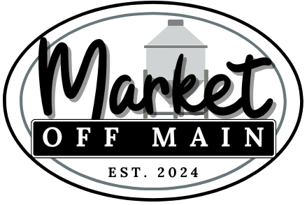 Logo for 'Market Off Main' with a silo silhouette and 'Est. 2024' text on a white background.