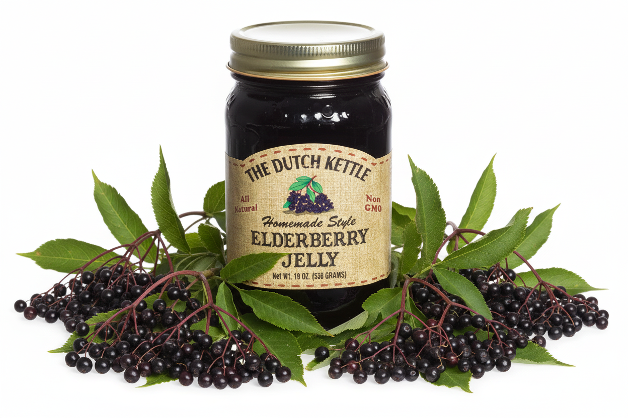 Jar of Elderberry Jelly with a gold lid and brown label on a white background