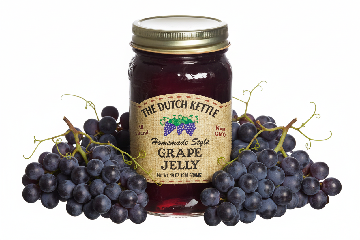 Jar of grape jelly with a label on a white background