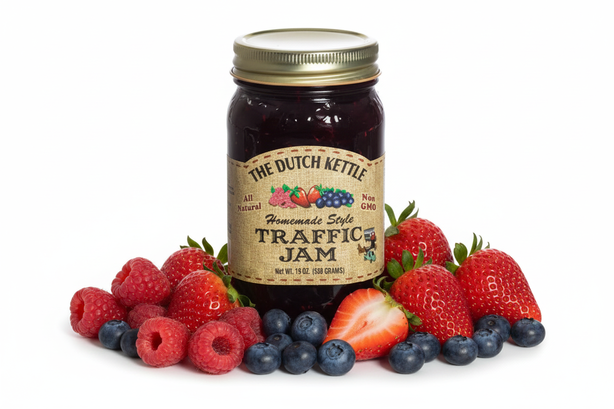 Jar of The Dutch Kettle Traffic Jam with a gold lid on a white background