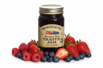 Jar of The Dutch Kettle Traffic Jam with a gold lid on a white background