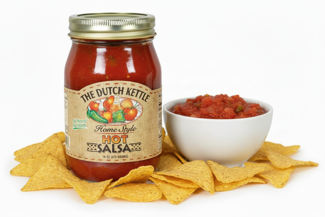 Jar of The Dutch Kettle hot Salsa with a visible label.