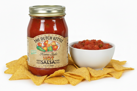 Jar of The Dutch Kettle hot Salsa with a visible label.