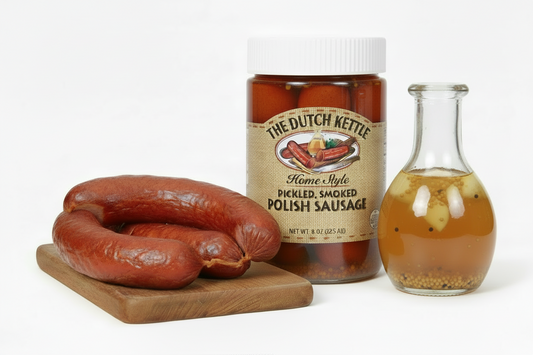 Jar of The Dutch Kettle Polish Sausage with a white lid