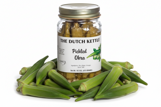 Jar of pickled okra from The Dutch Kettle with a gold lid.
