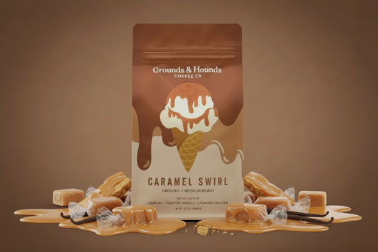 Coffee package with a caramel swirl design and 'Grounds & Hounds Coffee Co.' branding.