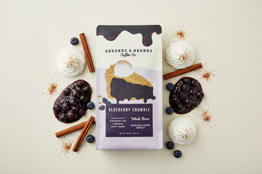 Grounds & Hounds Coffee Co. Blueberry Crumble coffee package on a white background