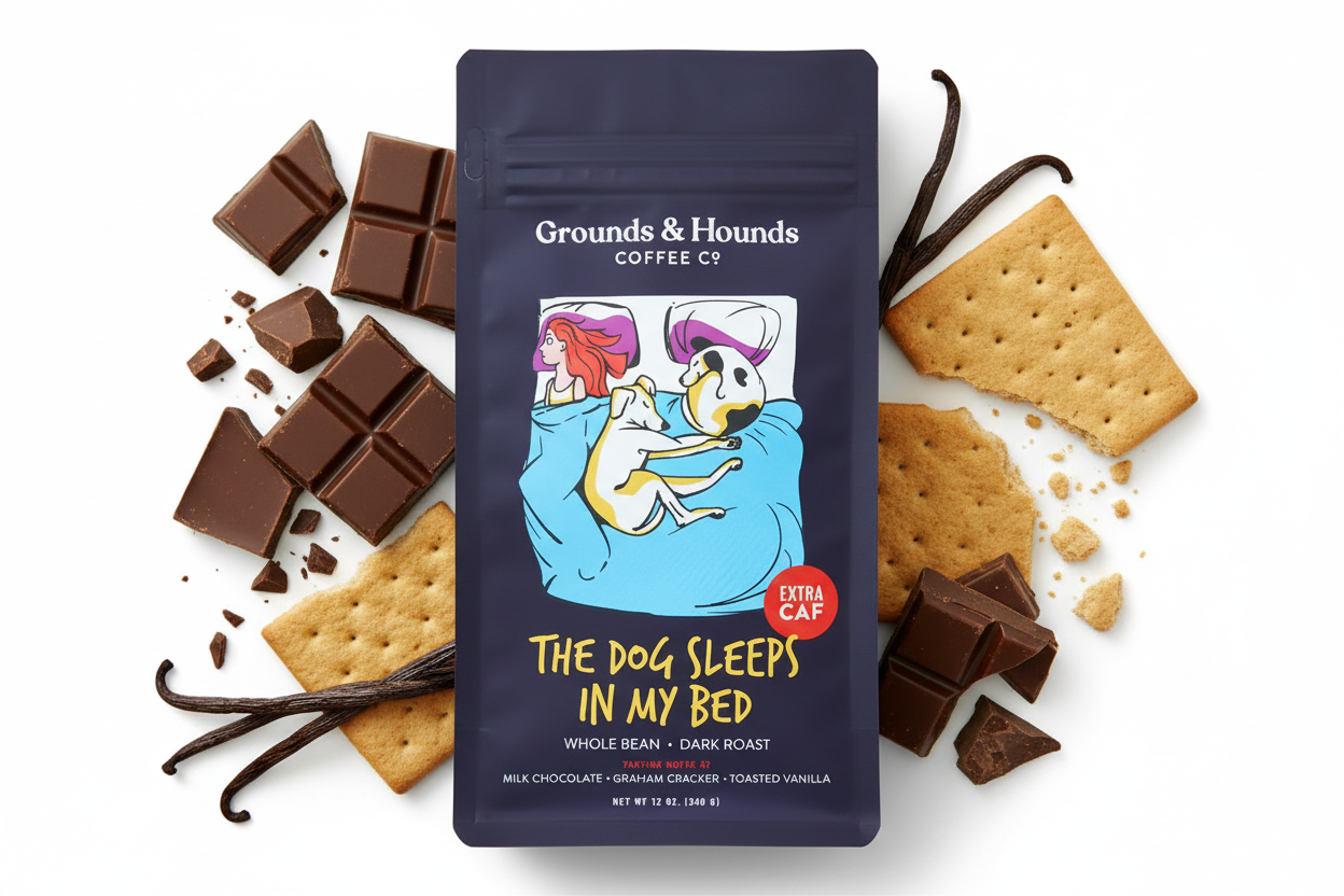 Coffee package with illustration of a woman and dog under a blanket, labeled 'Grounds & Hounds Coffee Co'.