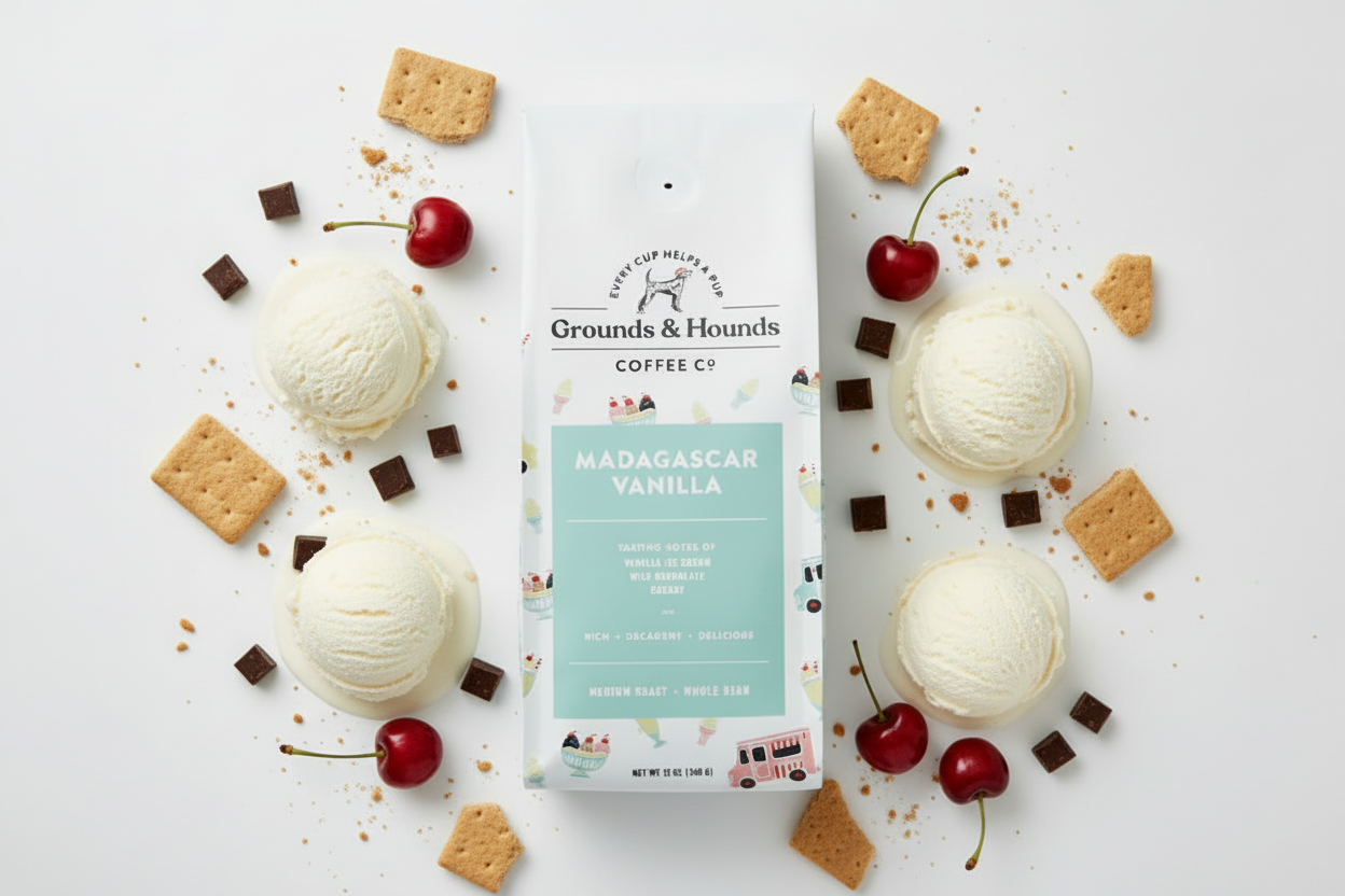 Grounds & Hounds Madagascar Vanilla coffee package on a white background