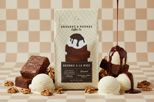 Grounds & Hounds Coffee Co. brownie a la mode coffee package on a beige background