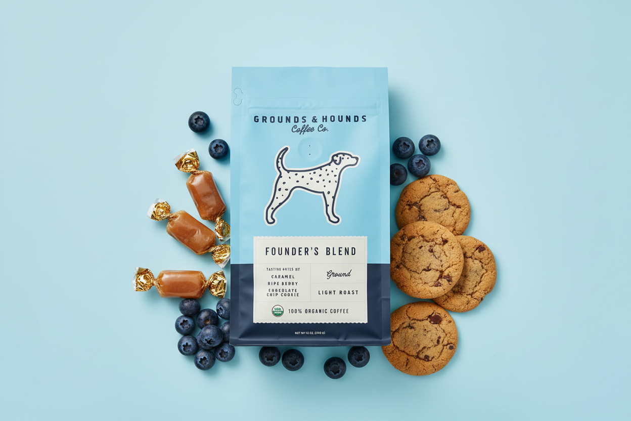 Grounds & Hounds Coffee Co. Founder's Blend coffee package with a dog illustration on a blue background
