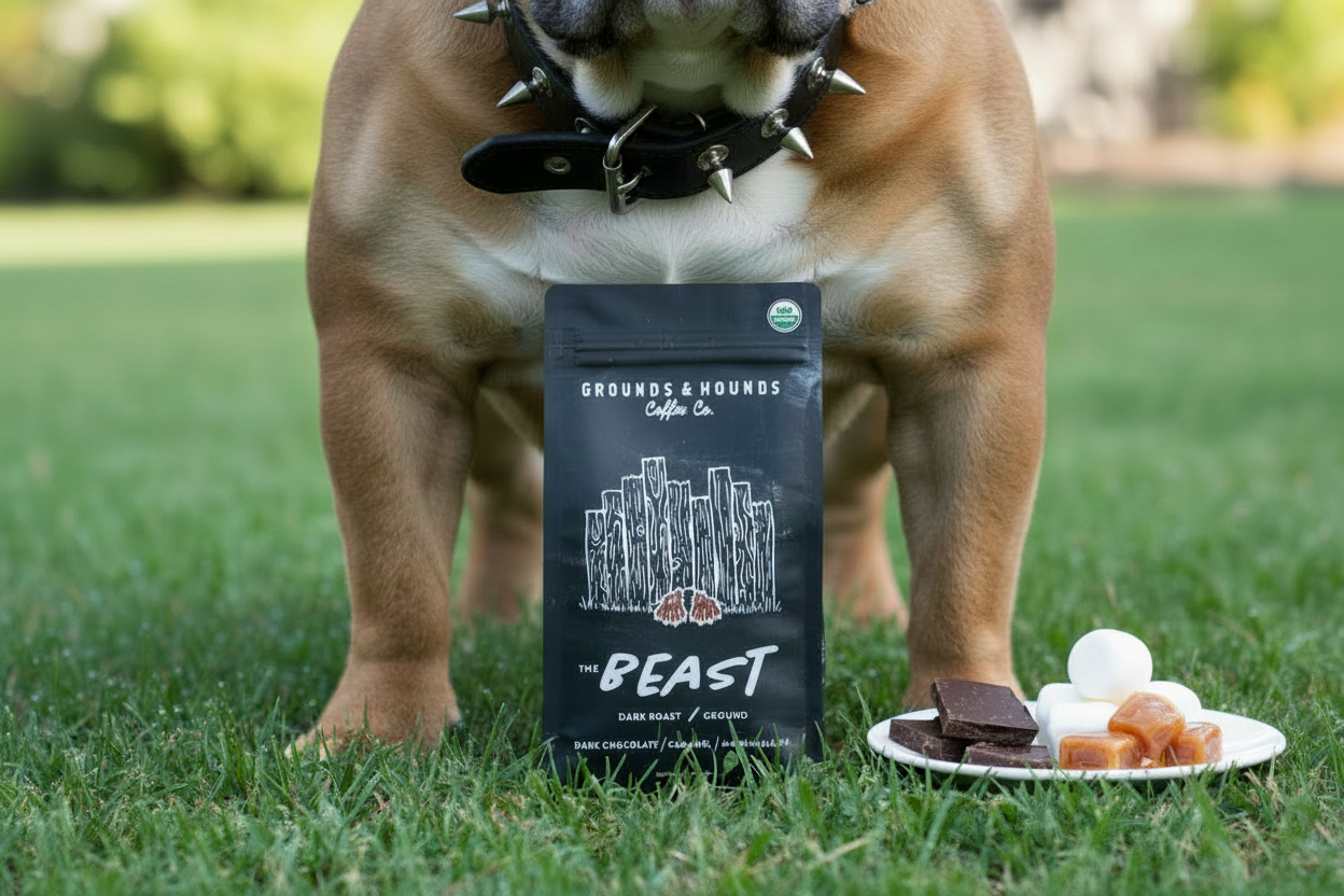 Coffee package labeled 'The Beast' by Grounds & Hounds Coffee Co. on a white background