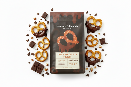 Grounds & Hounds Coffee Co. chocolate covered pretzel coffee package on a white background