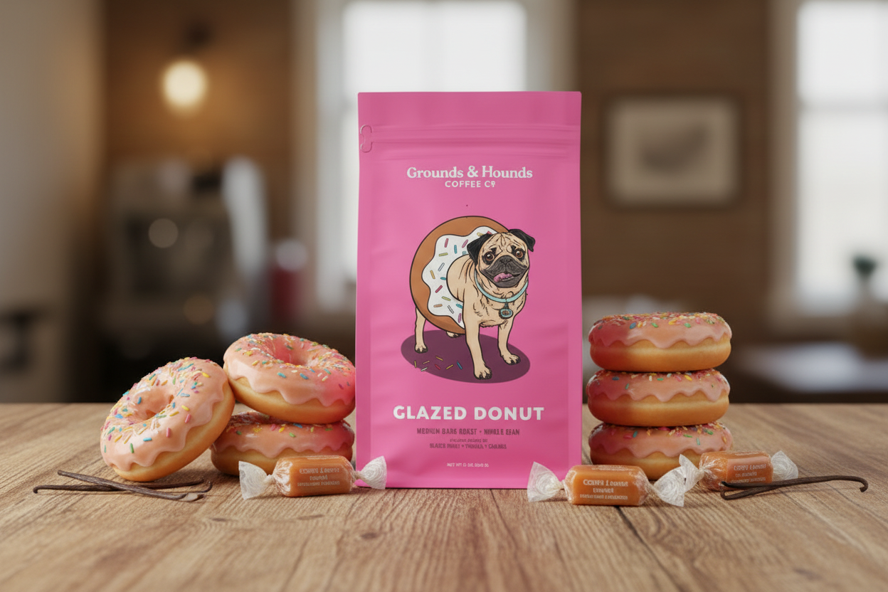 Pink coffee bag with a pug illustration and 'Glazed Donut' flavor text, branded as 'Grounds & Hounds Coffee Co'.