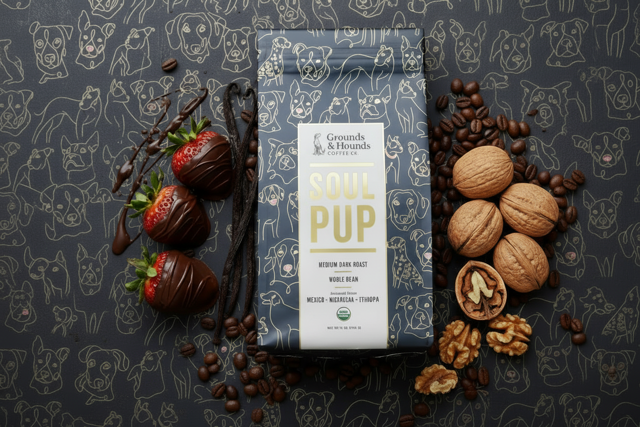 Grounds & Hounds Coffee Co. 'Soul Pup' coffee package with dog illustrations on a blue background