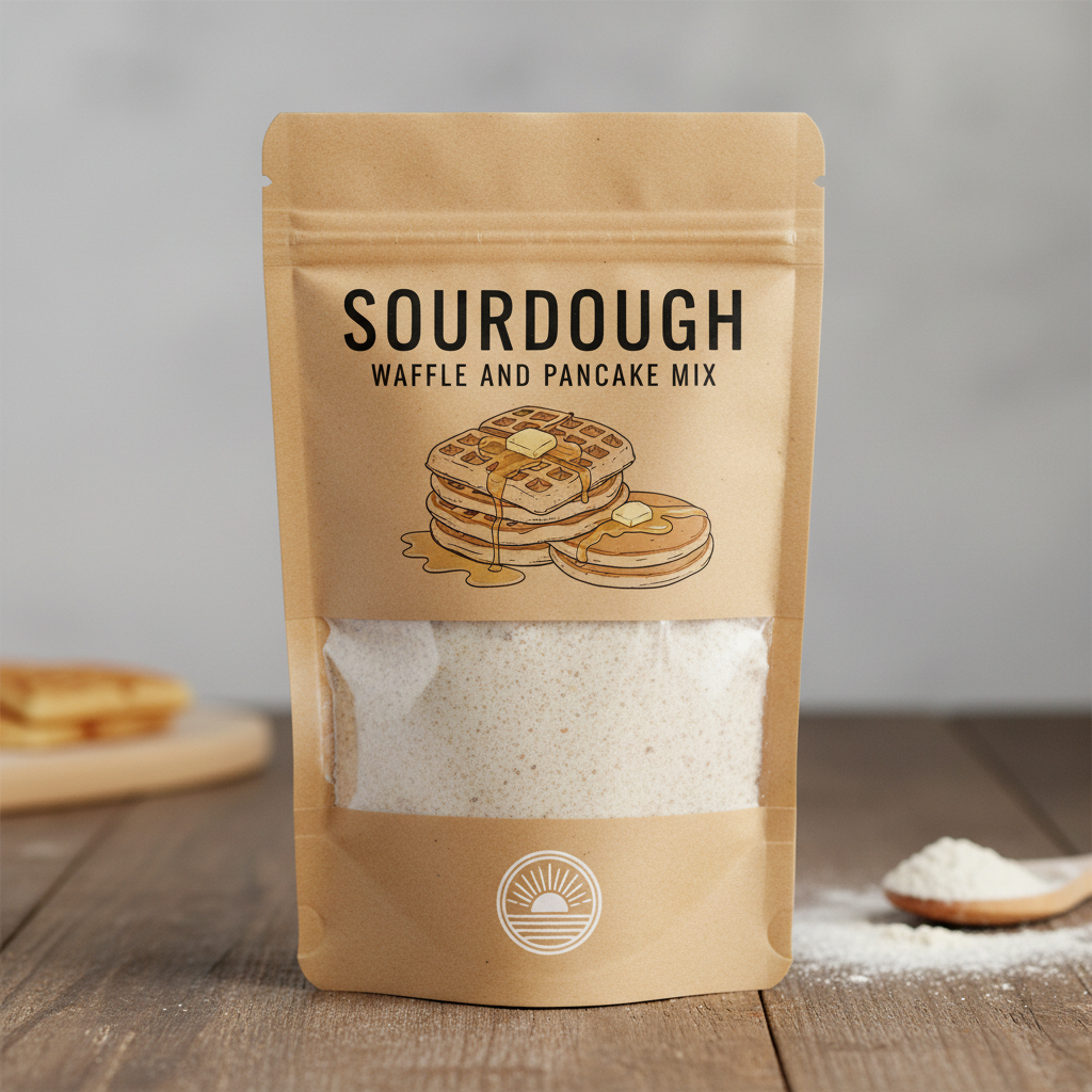a kraft paper bag with the text "Sourdough waffle and pancake mix" with a clear window in front to show the contents