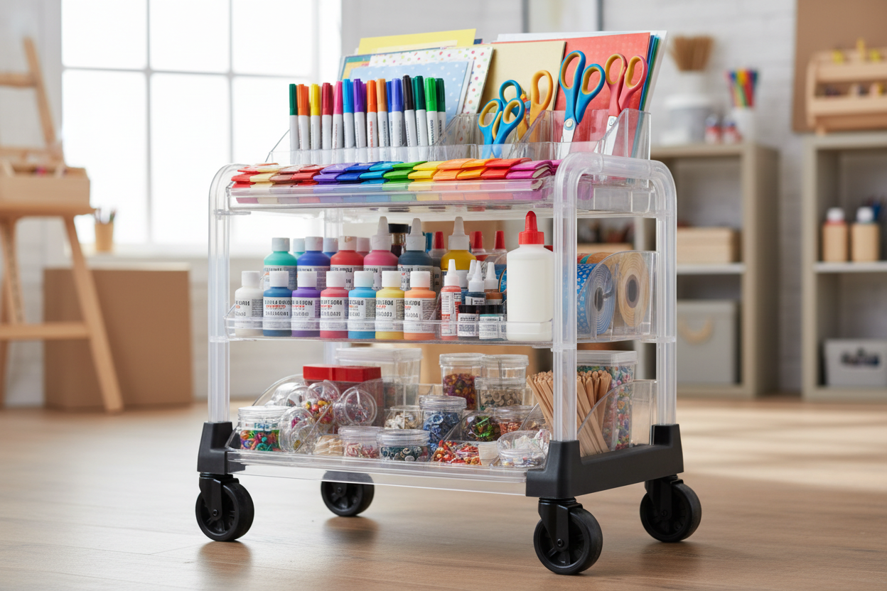 box of craft supplies on wheels