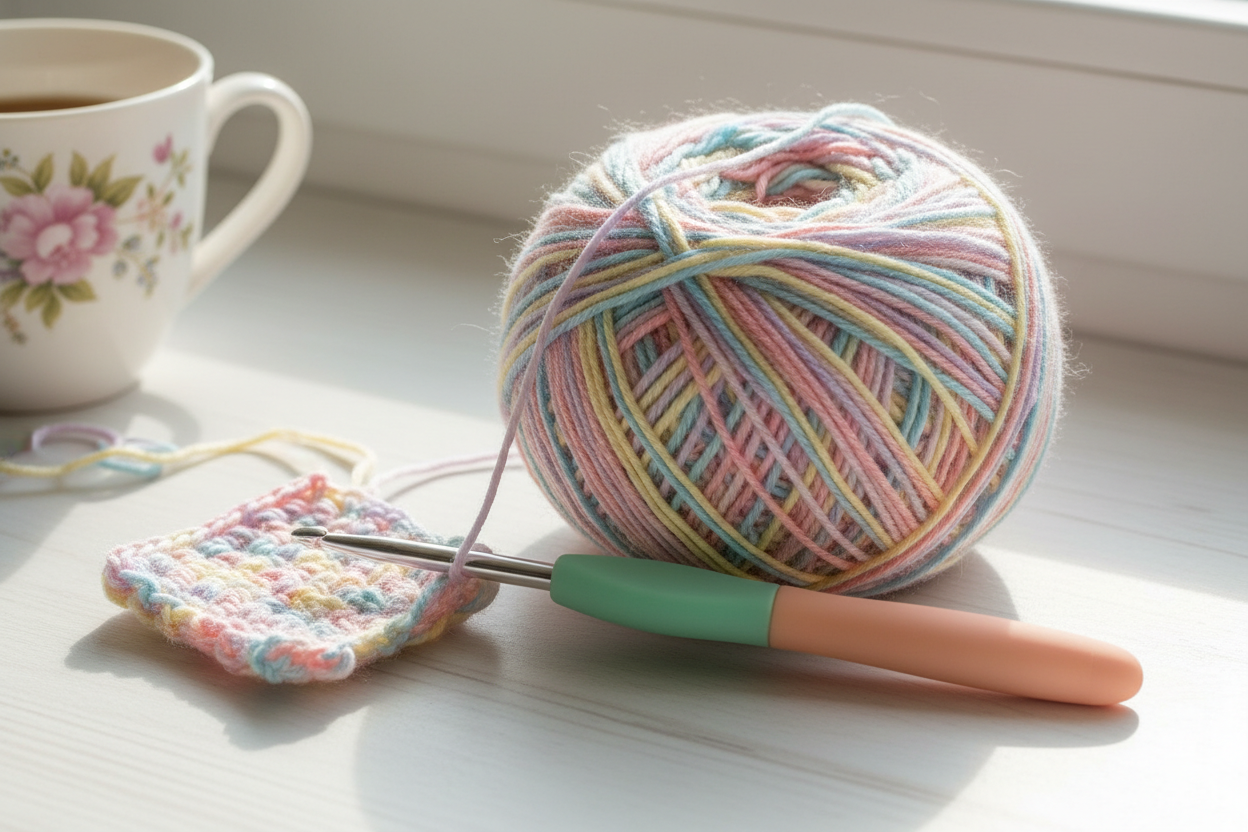 crochet hook and a ball of yarn