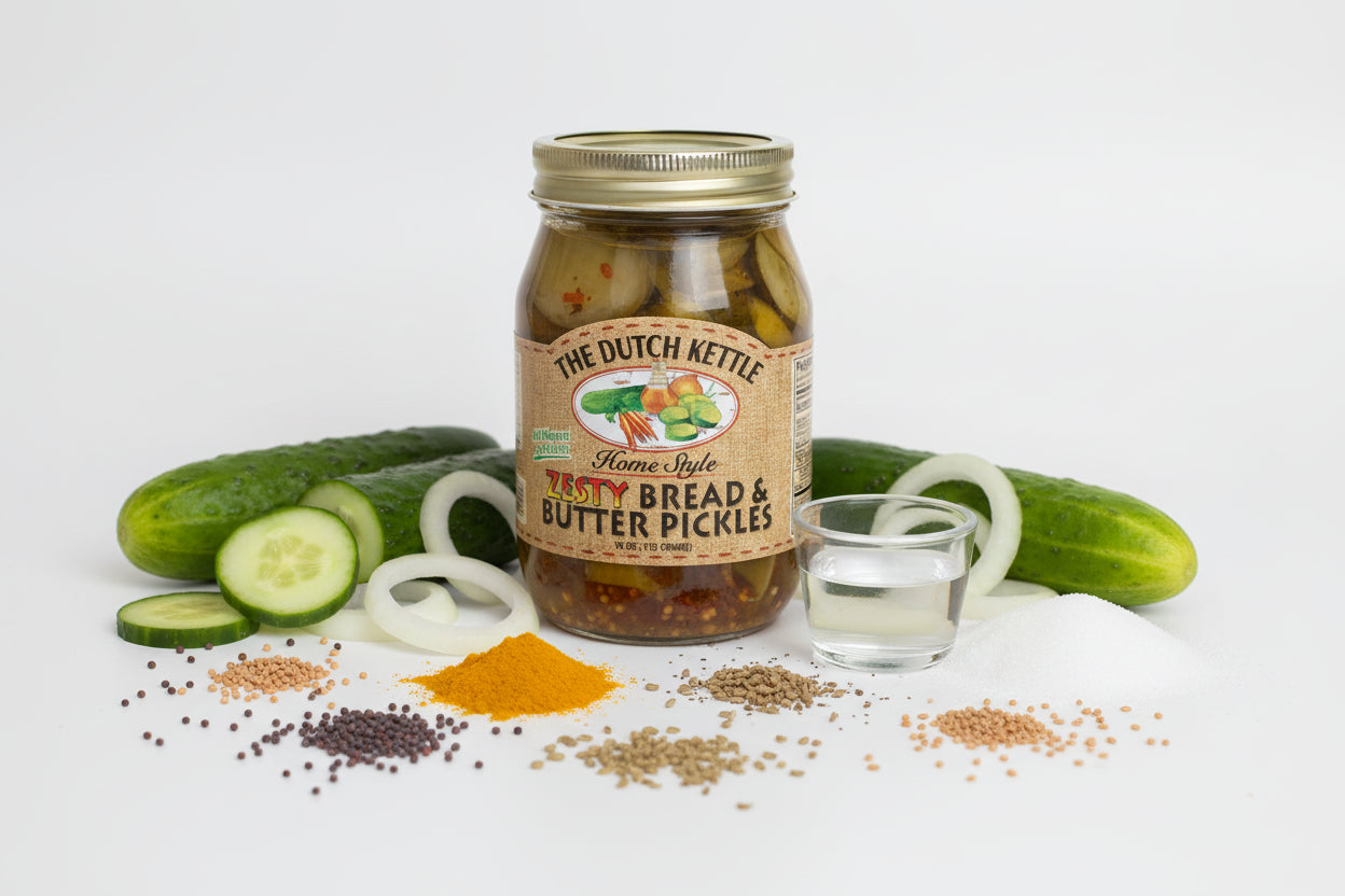 Jar of The Dutch Kettle bread and butter pickles on a white background