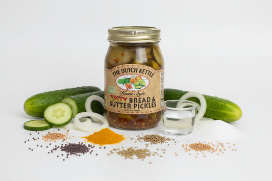 Jar of The Dutch Kettle bread and butter pickles on a white background