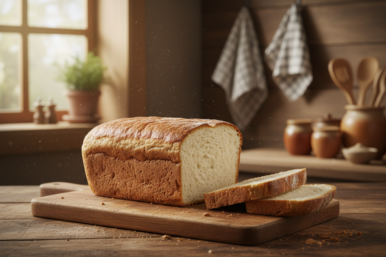 sandwich bread loaf with a few slices sliced on a cutting board in a cozy kitchen