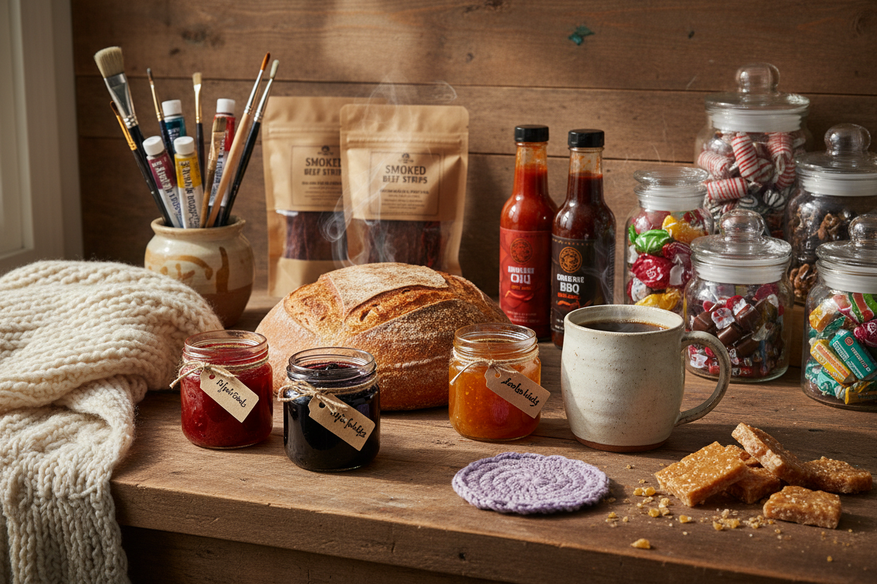 sourdough bread, jam, coffee, sauces, candies, crochet, peanut brittle, beef jerky, artist paintbrush and paint on wood countertop in cozy home